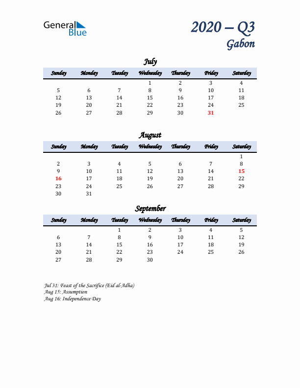 July, August, and September Calendar for Gabon with Sunday Start