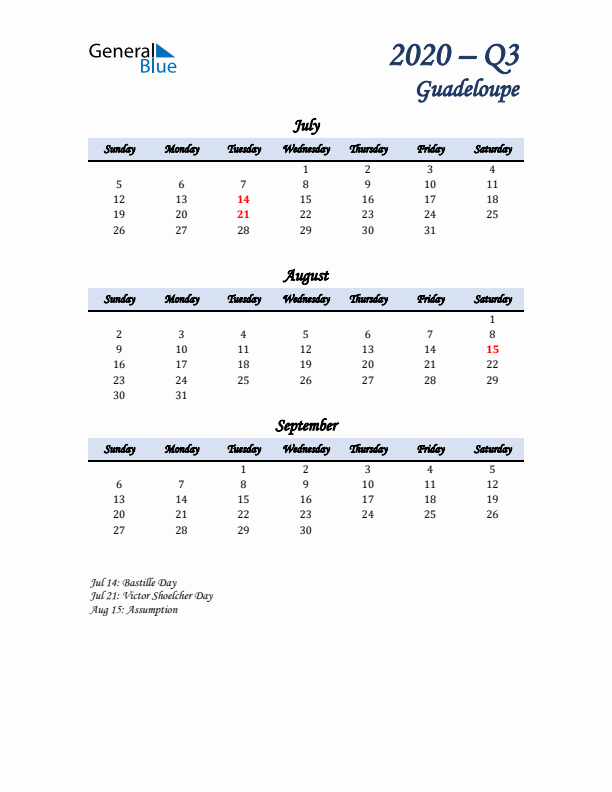 July, August, and September Calendar for Guadeloupe with Sunday Start