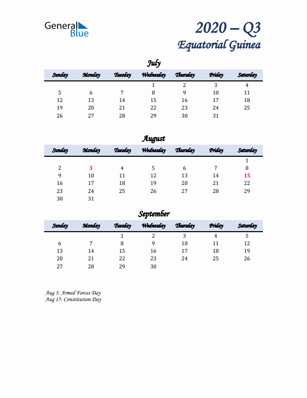 July, August, and September Calendar for Equatorial Guinea with Sunday Start