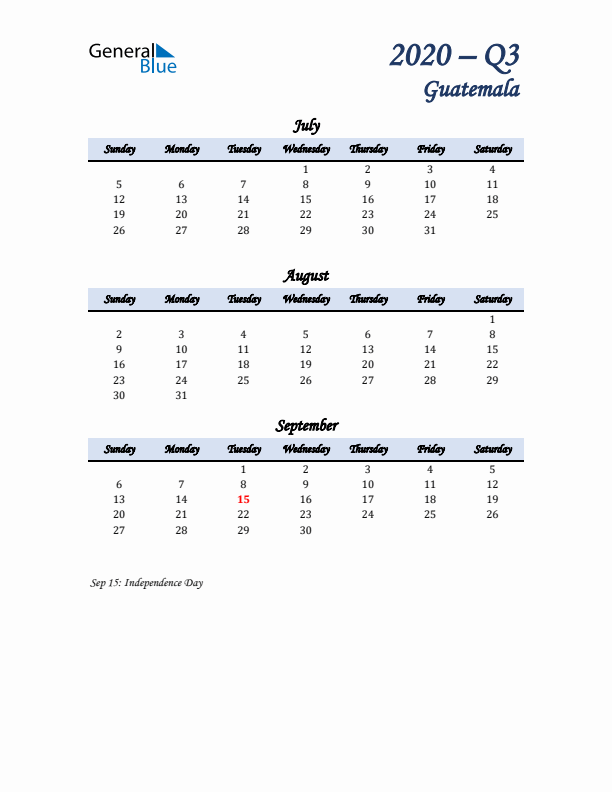 July, August, and September Calendar for Guatemala with Sunday Start