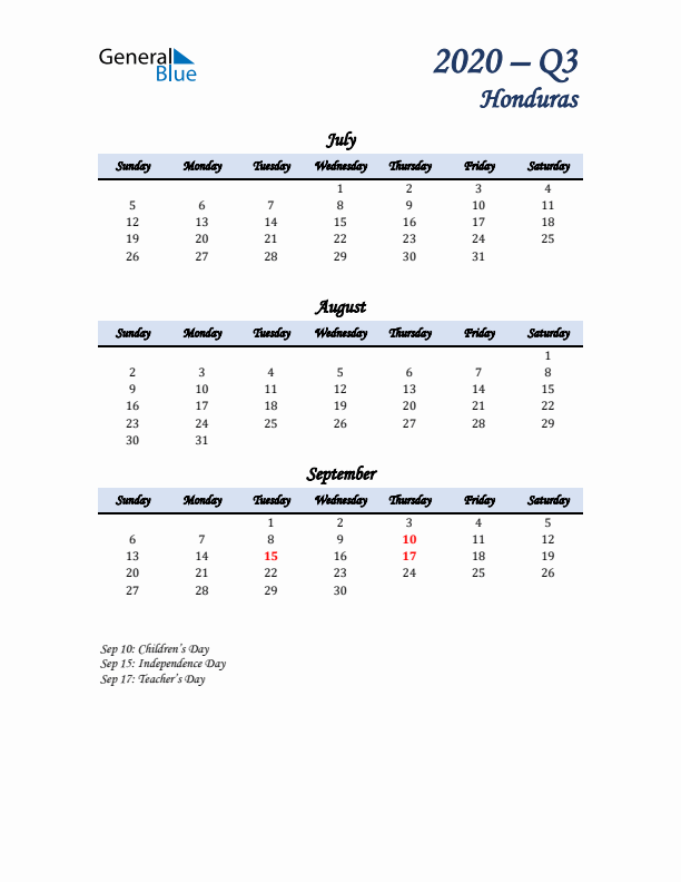 July, August, and September Calendar for Honduras with Sunday Start