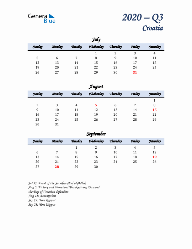 July, August, and September Calendar for Croatia with Sunday Start