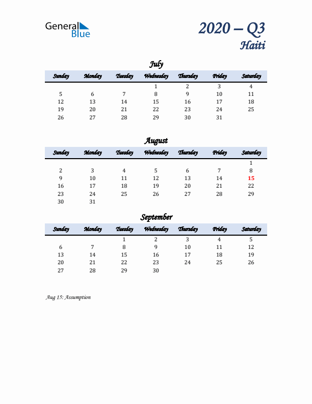 July, August, and September Calendar for Haiti with Sunday Start