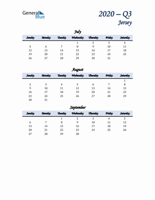 July, August, and September Calendar for Jersey with Sunday Start