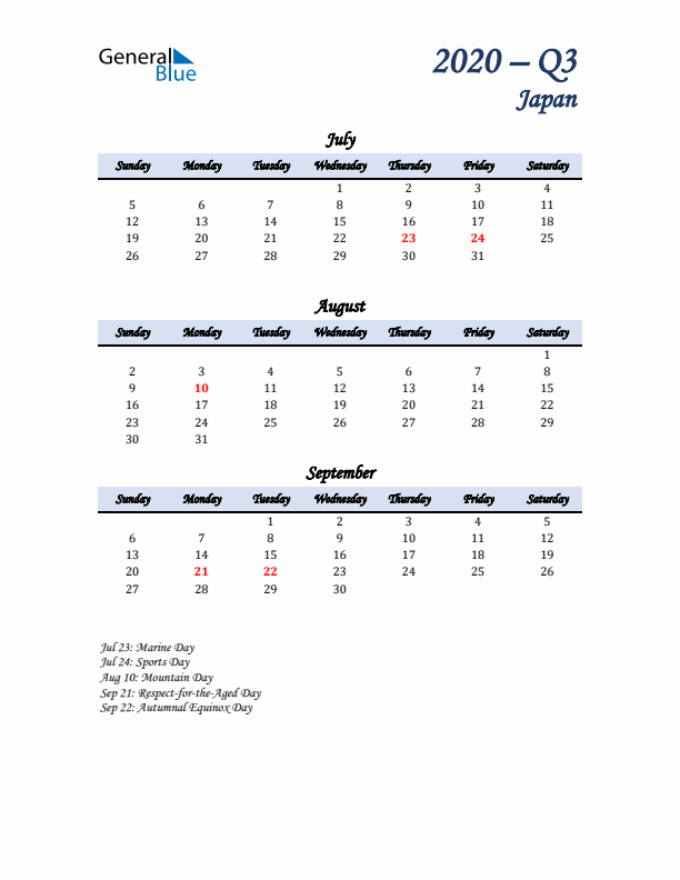 July, August, and September Calendar for Japan with Sunday Start