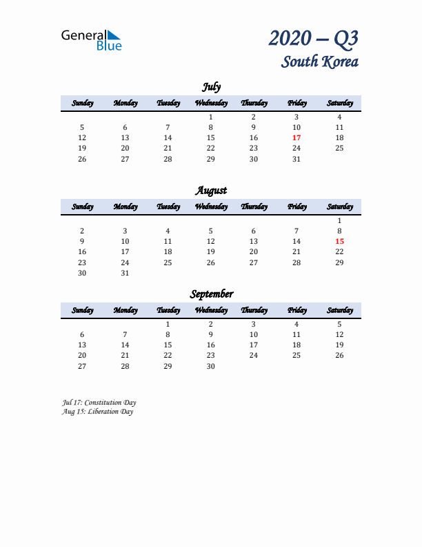 July, August, and September Calendar for South Korea with Sunday Start