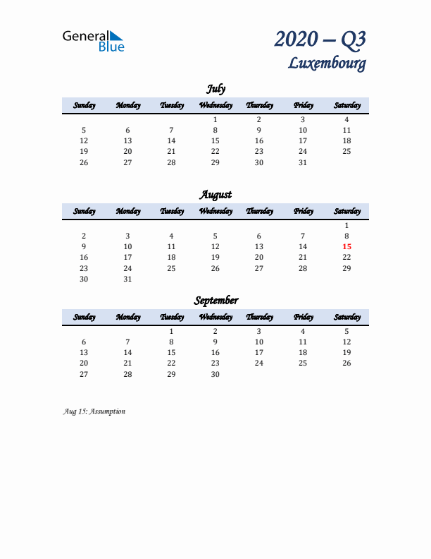 July, August, and September Calendar for Luxembourg with Sunday Start