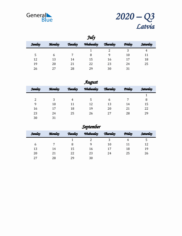 July, August, and September Calendar for Latvia with Sunday Start