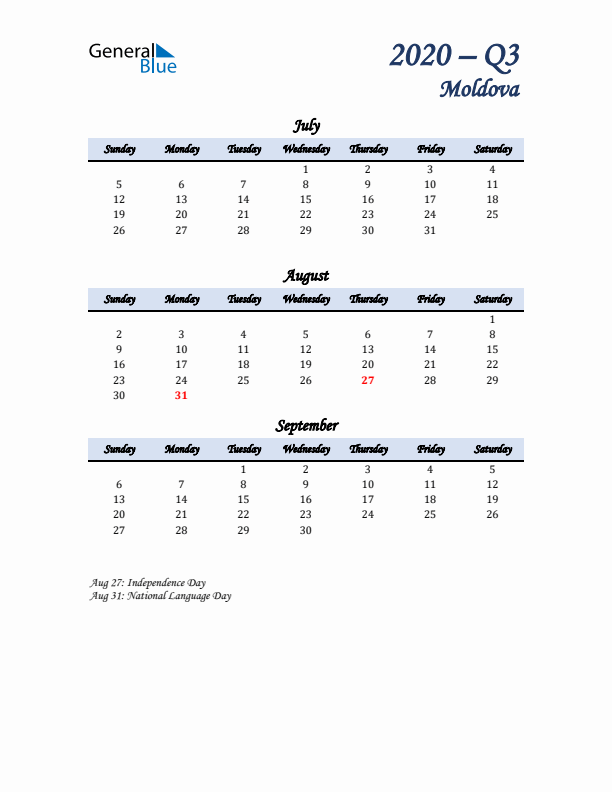 July, August, and September Calendar for Moldova with Sunday Start