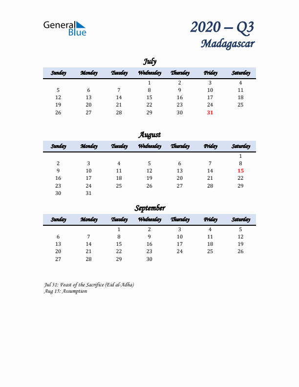 July, August, and September Calendar for Madagascar with Sunday Start