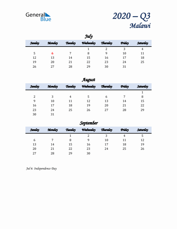 July, August, and September Calendar for Malawi with Sunday Start