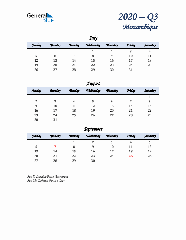 July, August, and September Calendar for Mozambique with Sunday Start