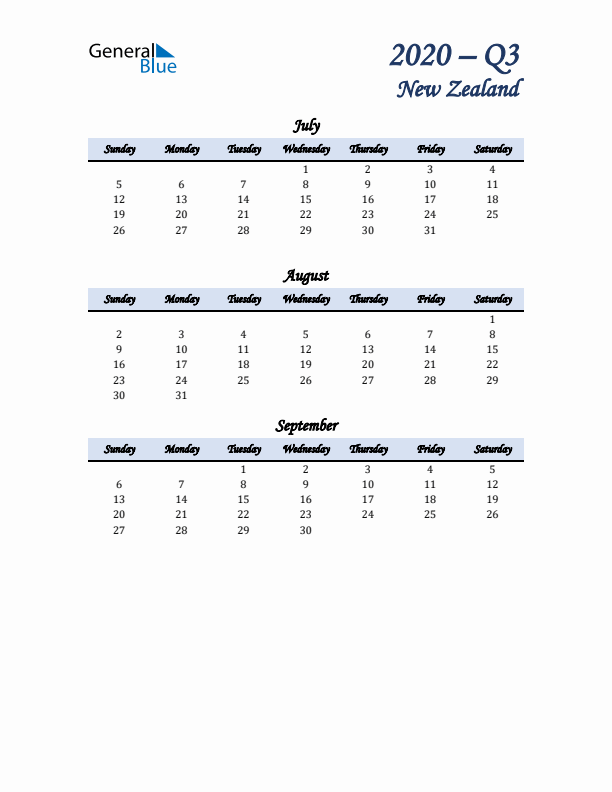 July, August, and September Calendar for New Zealand with Sunday Start