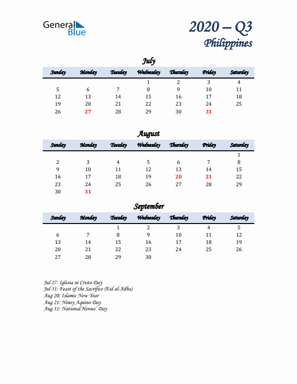 July, August, and September Calendar for Philippines with Sunday Start