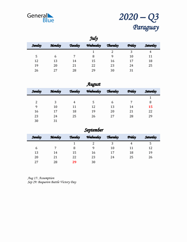 July, August, and September Calendar for Paraguay with Sunday Start