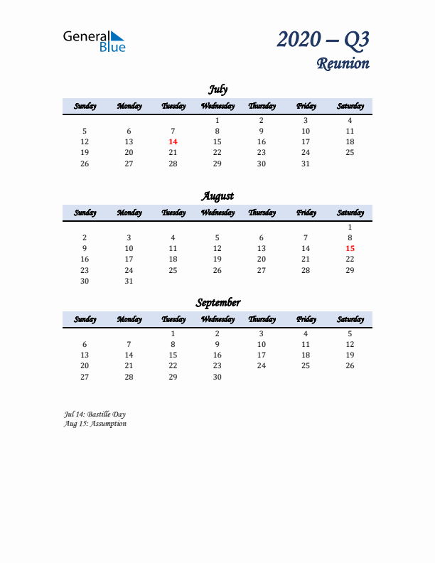 July, August, and September Calendar for Reunion with Sunday Start