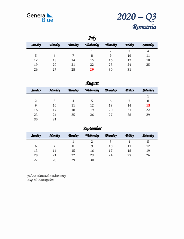 July, August, and September Calendar for Romania with Sunday Start