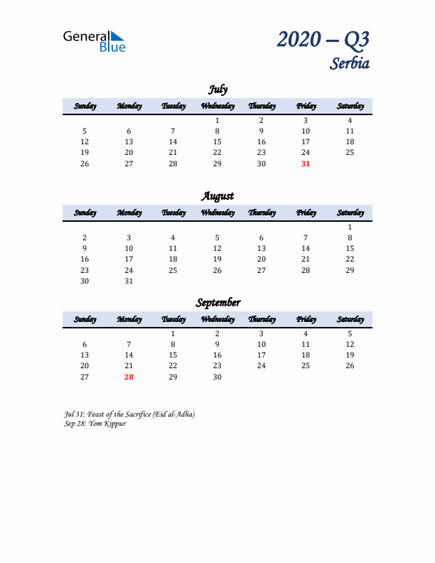 July, August, and September Calendar for Serbia with Sunday Start