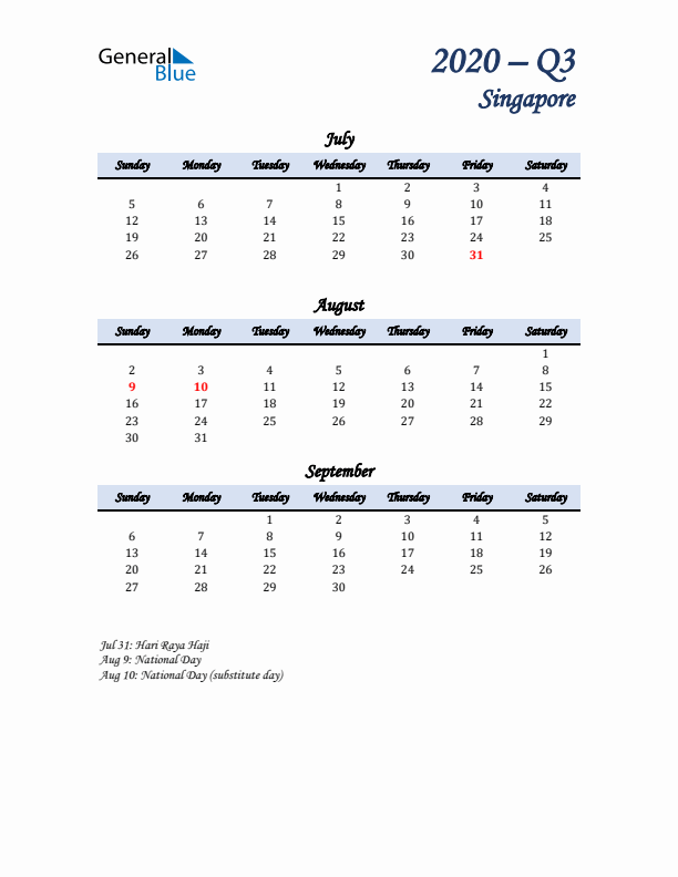 July, August, and September Calendar for Singapore with Sunday Start