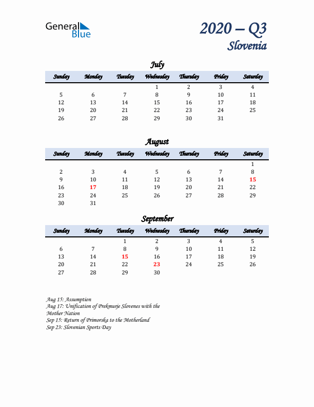 July, August, and September Calendar for Slovenia with Sunday Start