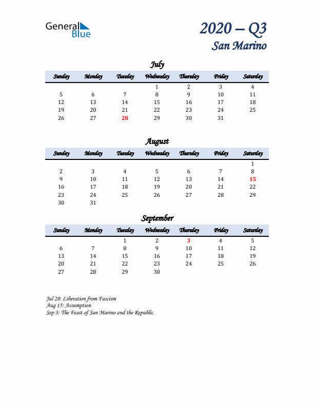 July, August, and September Calendar for San Marino with Sunday Start