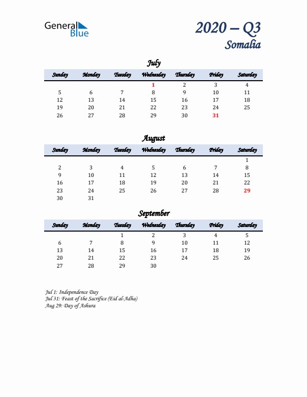 July, August, and September Calendar for Somalia with Sunday Start