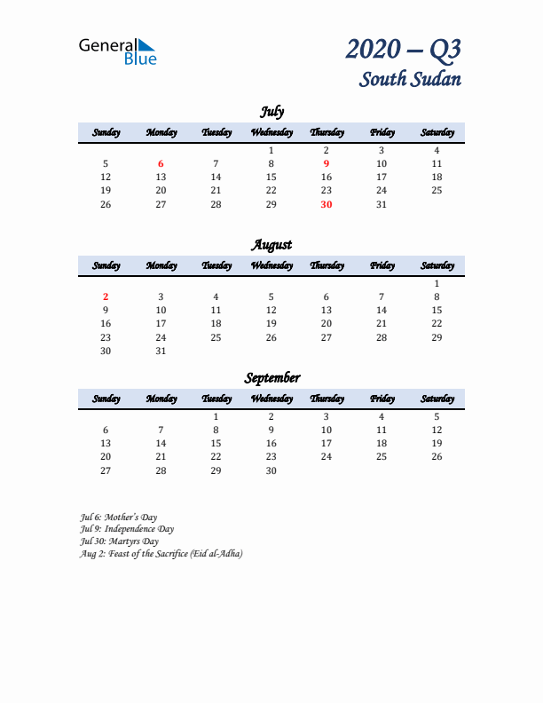 July, August, and September Calendar for South Sudan with Sunday Start