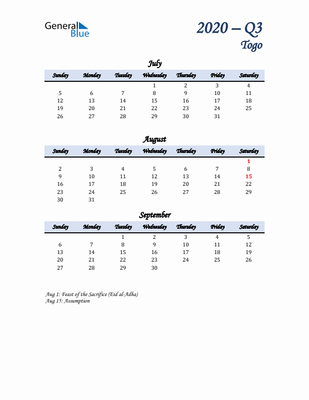 July, August, and September Calendar for Togo with Sunday Start