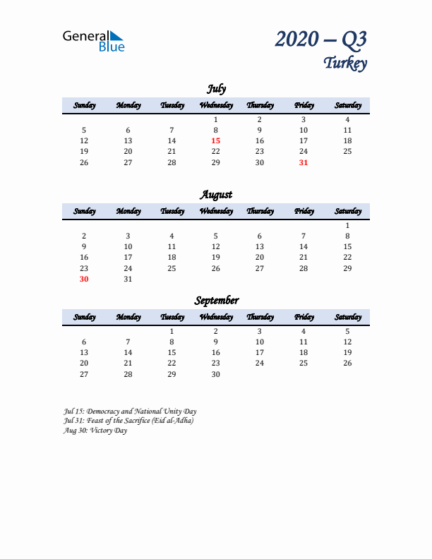 July, August, and September Calendar for Turkey with Sunday Start