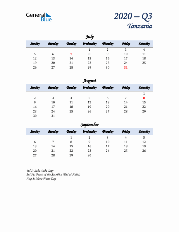 July, August, and September Calendar for Tanzania with Sunday Start