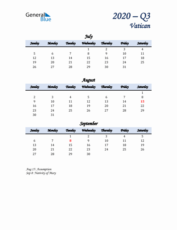 July, August, and September Calendar for Vatican with Sunday Start