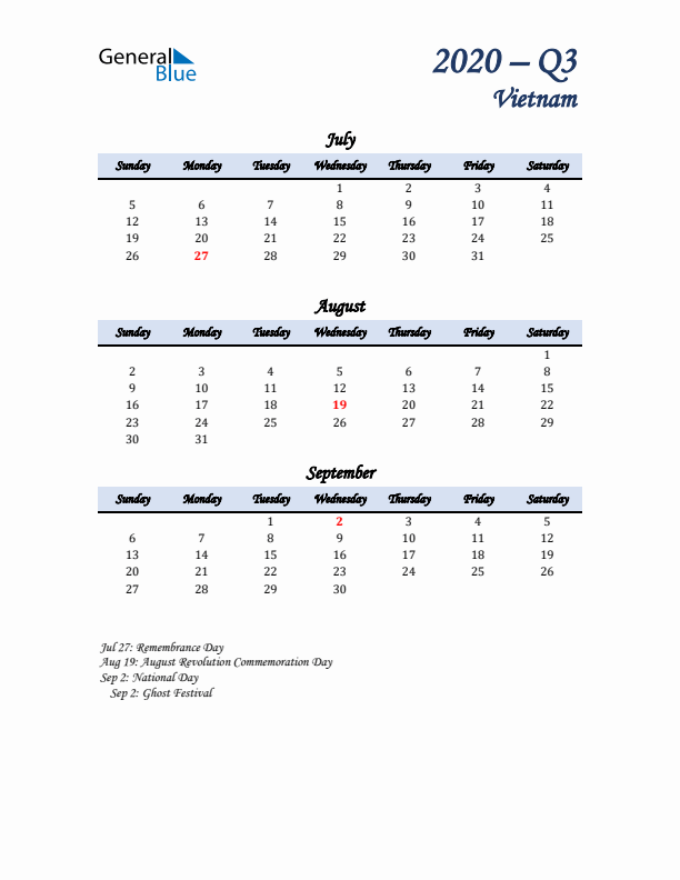 July, August, and September Calendar for Vietnam with Sunday Start