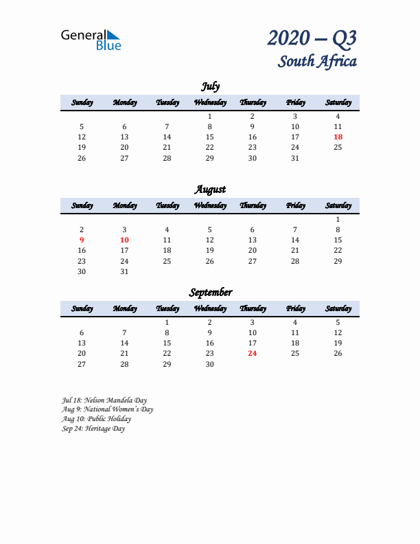 July, August, and September Calendar for South Africa with Sunday Start