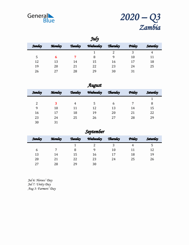 July, August, and September Calendar for Zambia with Sunday Start