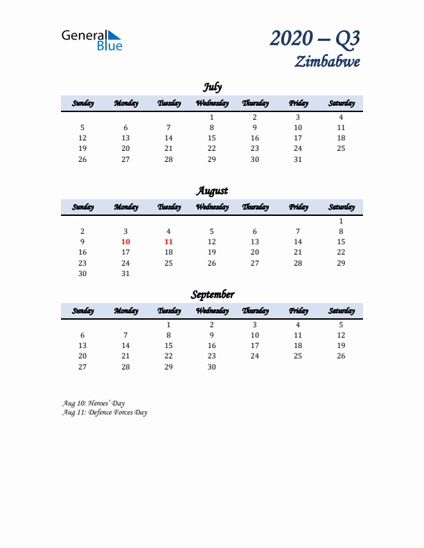 July, August, and September Calendar for Zimbabwe with Sunday Start