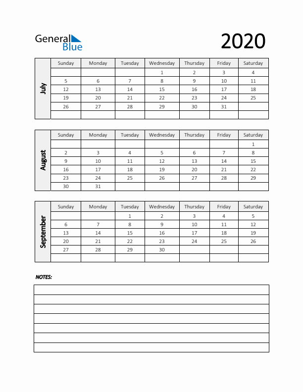 Q3 2020 Calendar with Notes