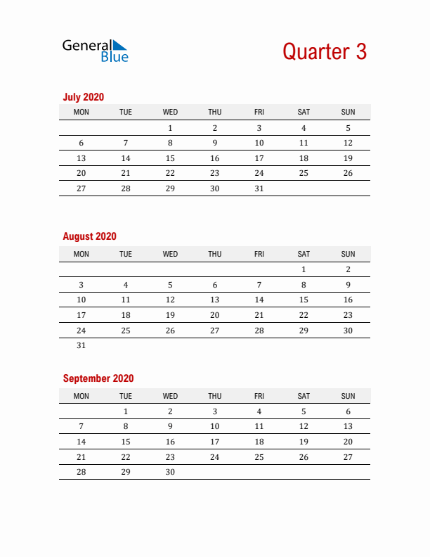 Three-Month Printable Calendar 2020