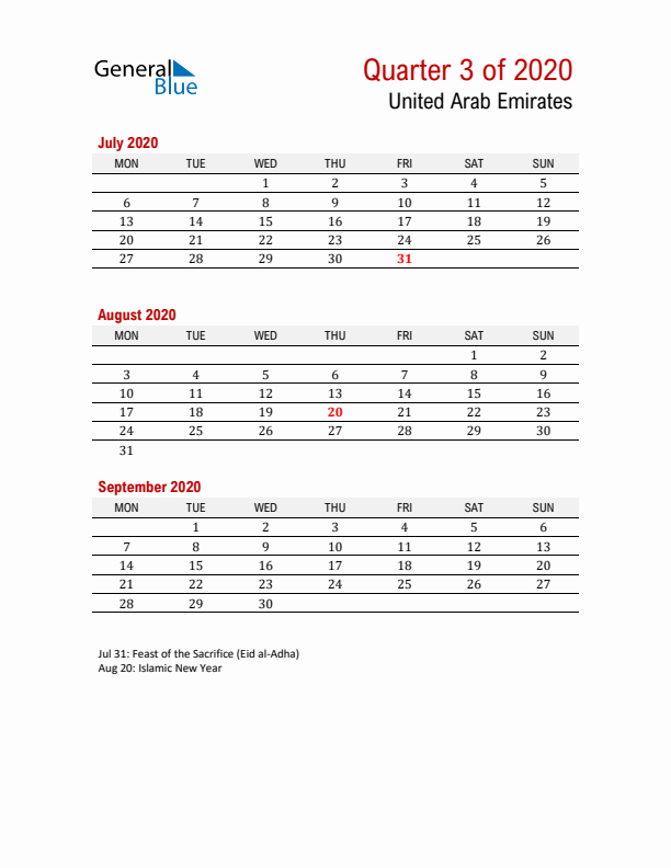 Printable Three Month Calendar with United Arab Emirates Holidays