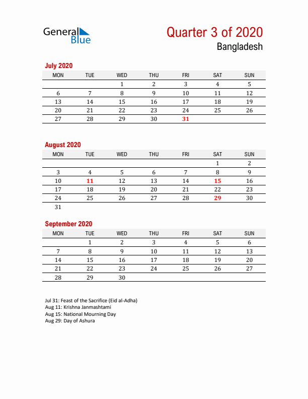 Printable Three Month Calendar with Bangladesh Holidays