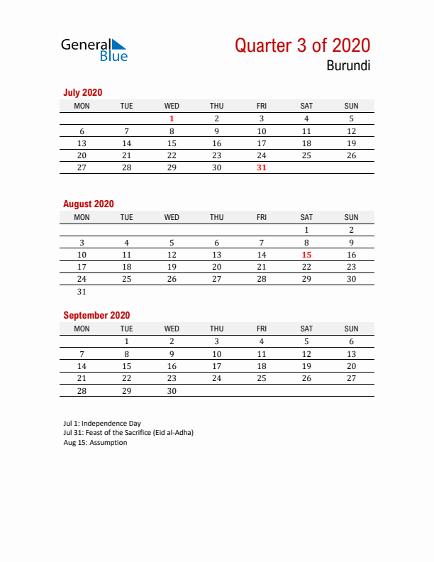 Printable Three Month Calendar with Burundi Holidays