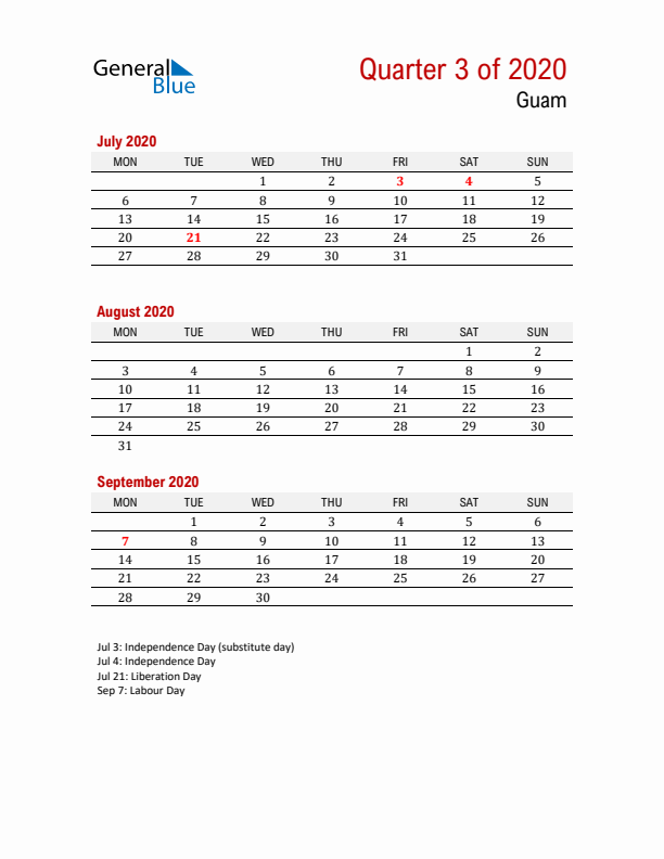 Printable Three Month Calendar with Guam Holidays