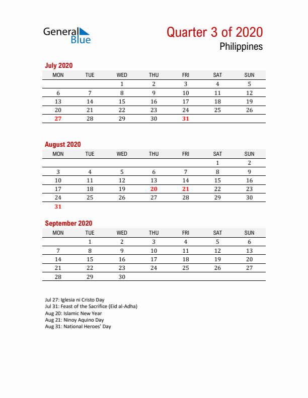 Printable Three Month Calendar with Philippines Holidays