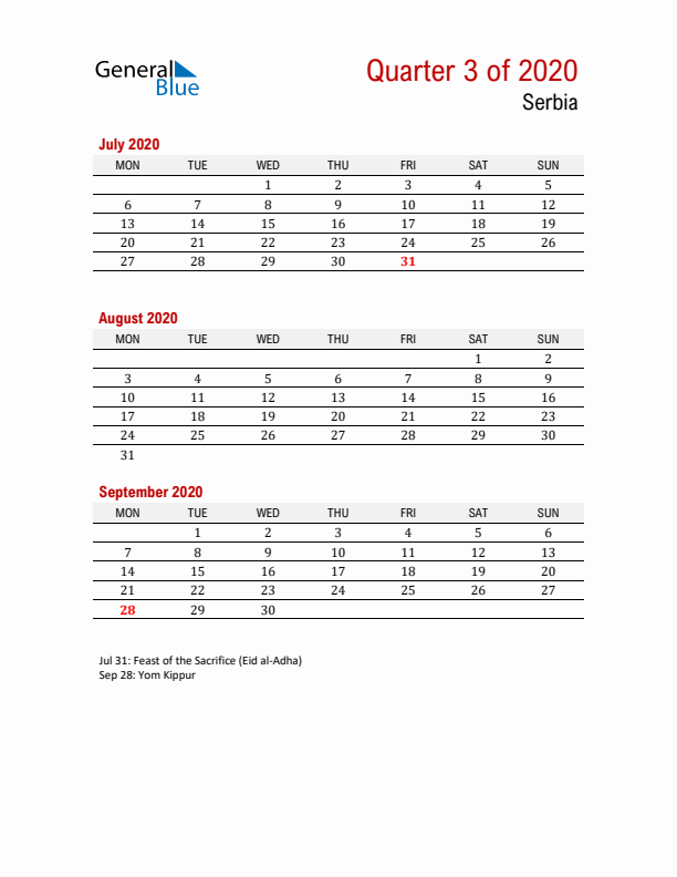 Printable Three Month Calendar with Serbia Holidays