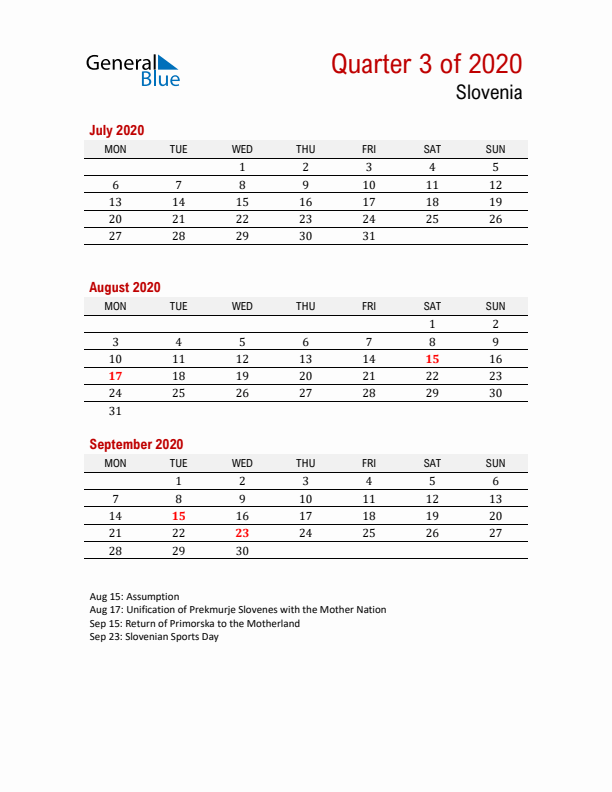 Printable Three Month Calendar with Slovenia Holidays