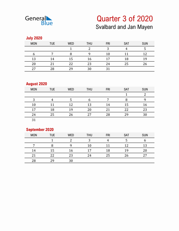 Printable Three Month Calendar with Svalbard and Jan Mayen Holidays