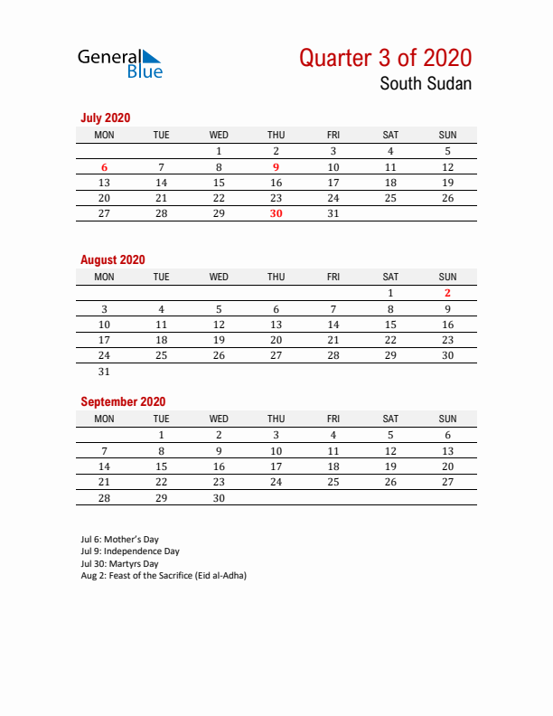 Printable Three Month Calendar with South Sudan Holidays