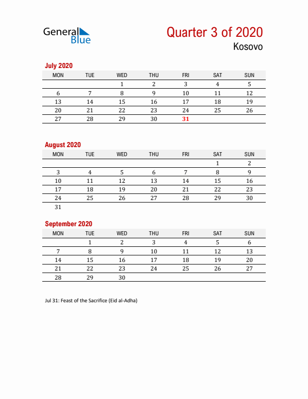 Printable Three Month Calendar with Kosovo Holidays