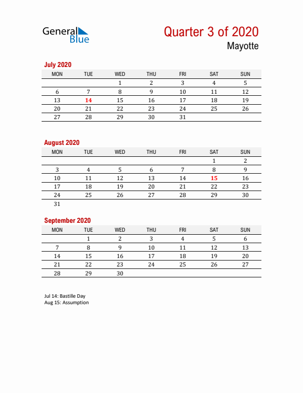 Printable Three Month Calendar with Mayotte Holidays