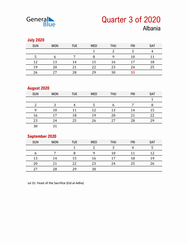 Printable Three Month Calendar with Albania Holidays