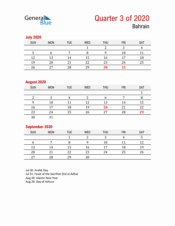 Printable Three Month Calendar with Bahrain Holidays